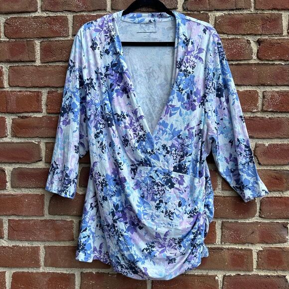 Soft Surroundings Tops - Soft Surroundings Floral Wrap Tunic Blue Purple Ruched Stretch 3X NEW